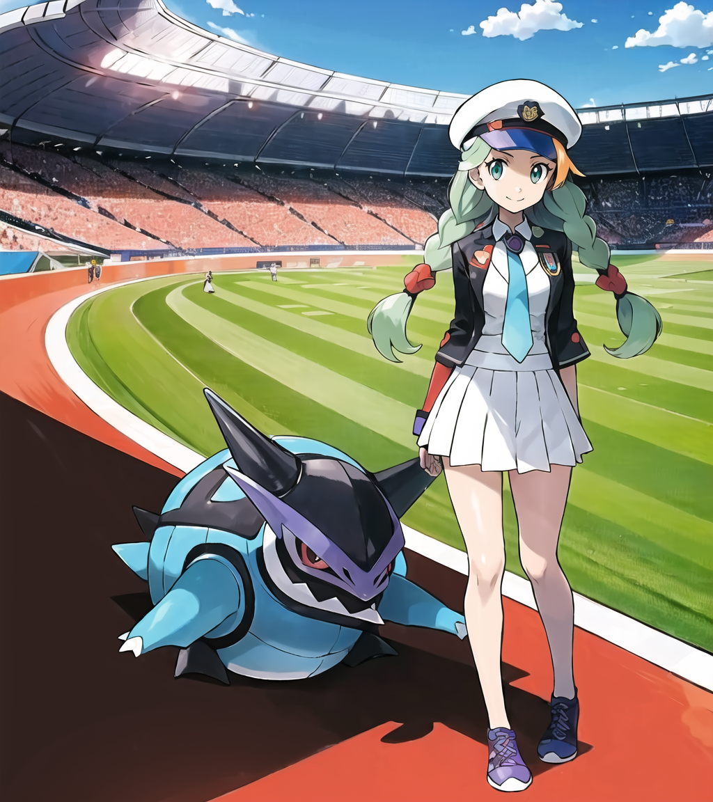 00405-1160218307-sugimori ken _(style_), 1girl, breasts, green eyes, mint green hair, twin_braids, white shirt, flower necktie, white beret, skir.png